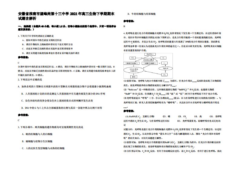 安徽省淮南市望峰岗第十三中学2021年高三生物下学期期末试题含解析