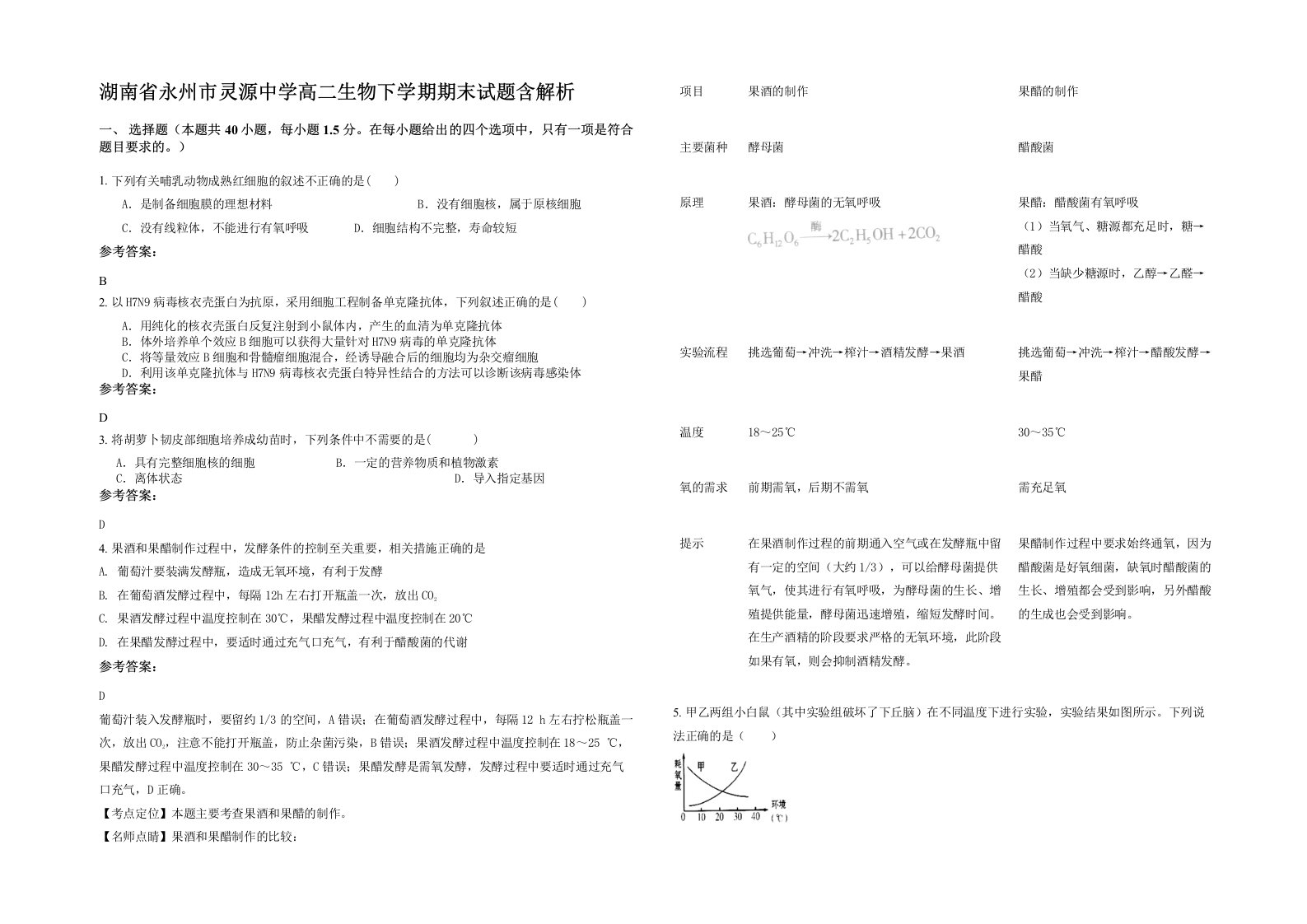 湖南省永州市灵源中学高二生物下学期期末试题含解析