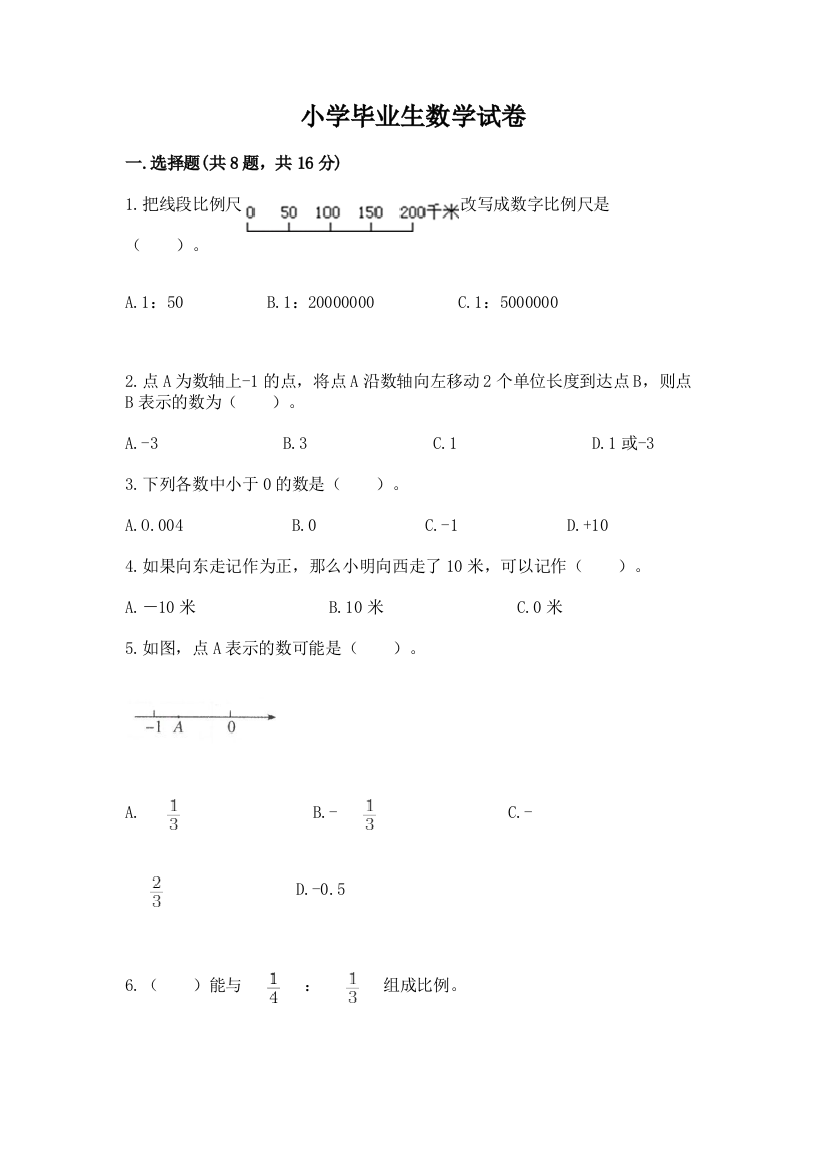 小学毕业生数学试卷精编答案