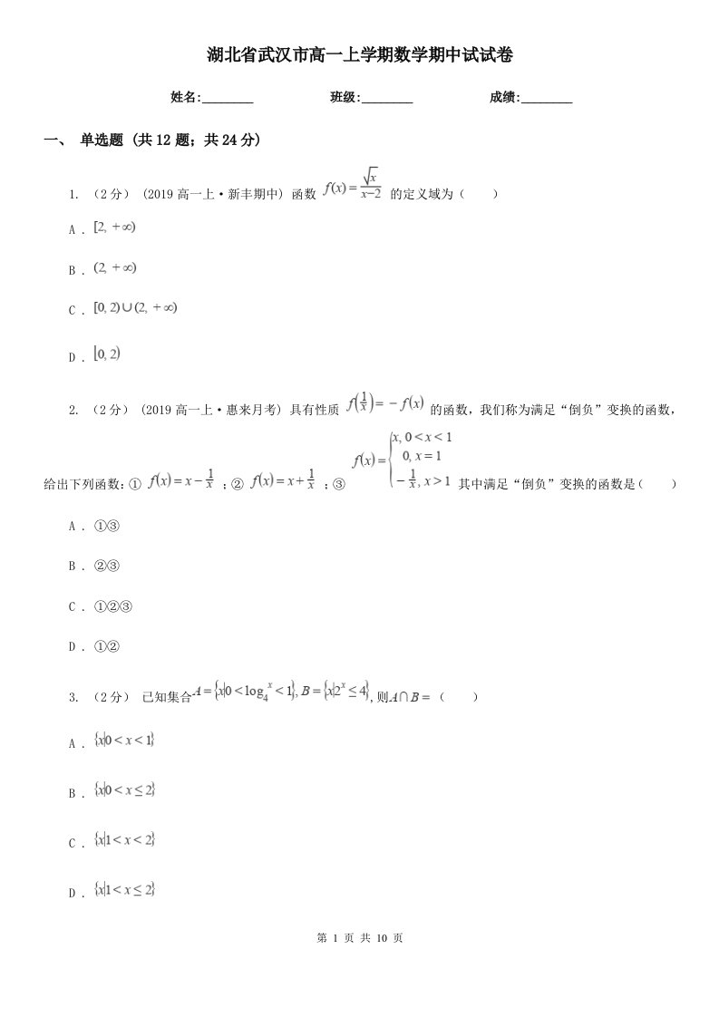 湖北省武汉市高一上学期数学期中试试卷