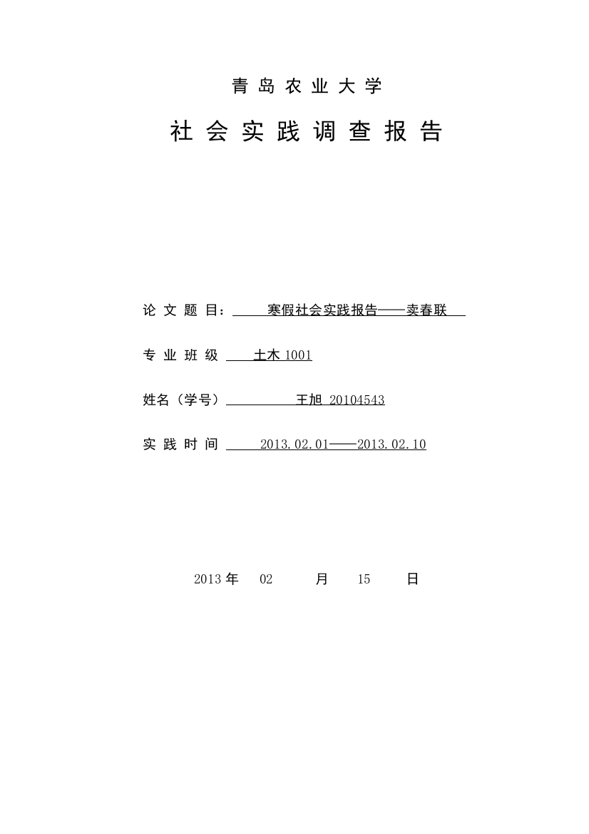 寒假社会实践报告封皮