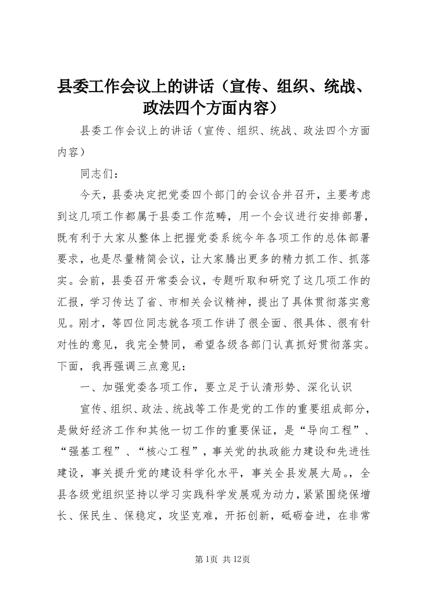 县委工作会议上的讲话（宣传、组织、统战、政法四个方面内容）