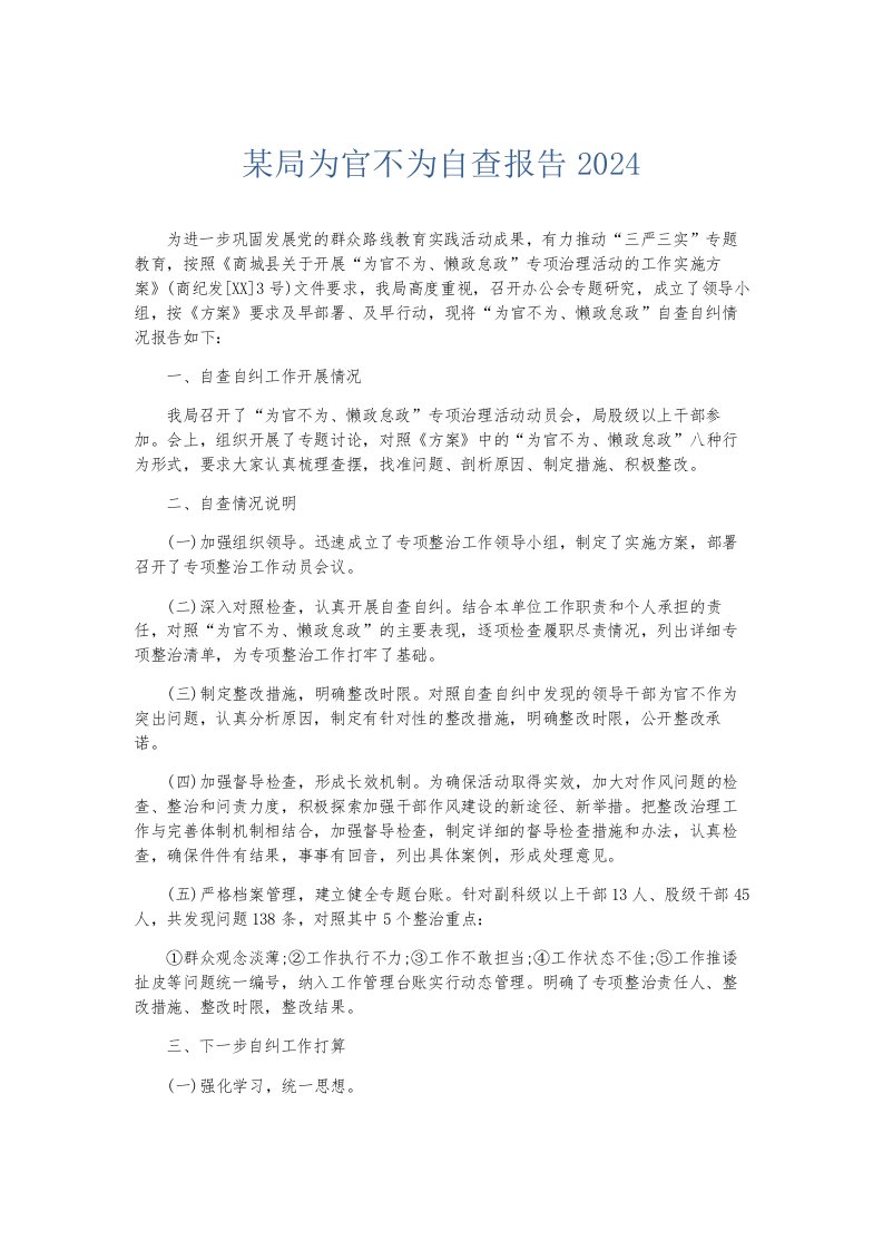 总结报告某局为官不为自查报告2024