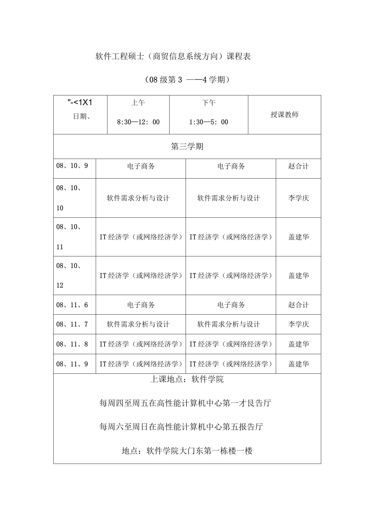 软件工程硕士商贸信息系统方向课程表