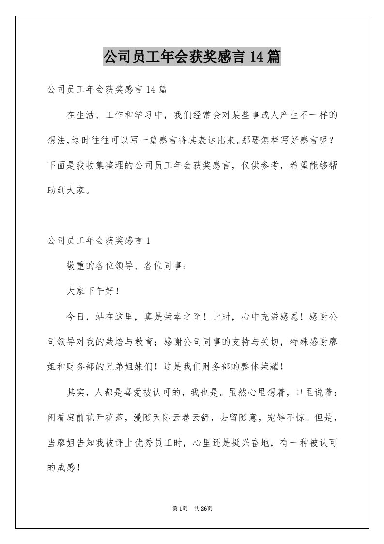 公司员工年会获奖感言14篇例文