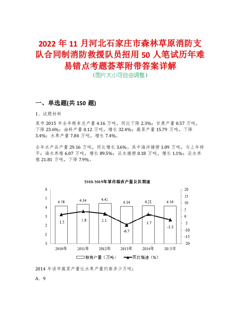 2022年11月河北石家庄市森林草原消防支队合同制消防救援队员招用50人笔试历年难易错点考题荟萃附带答案详解