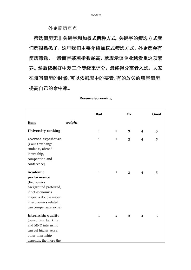 外企简历重点