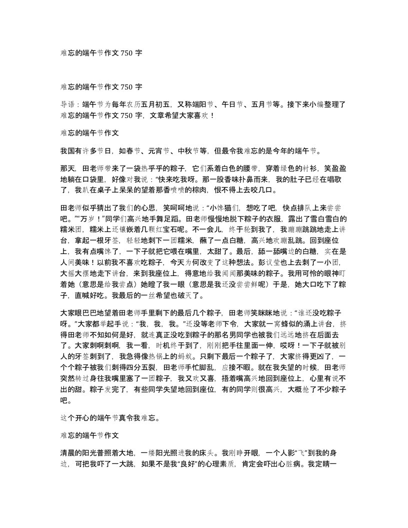 难忘的端午节作文750字