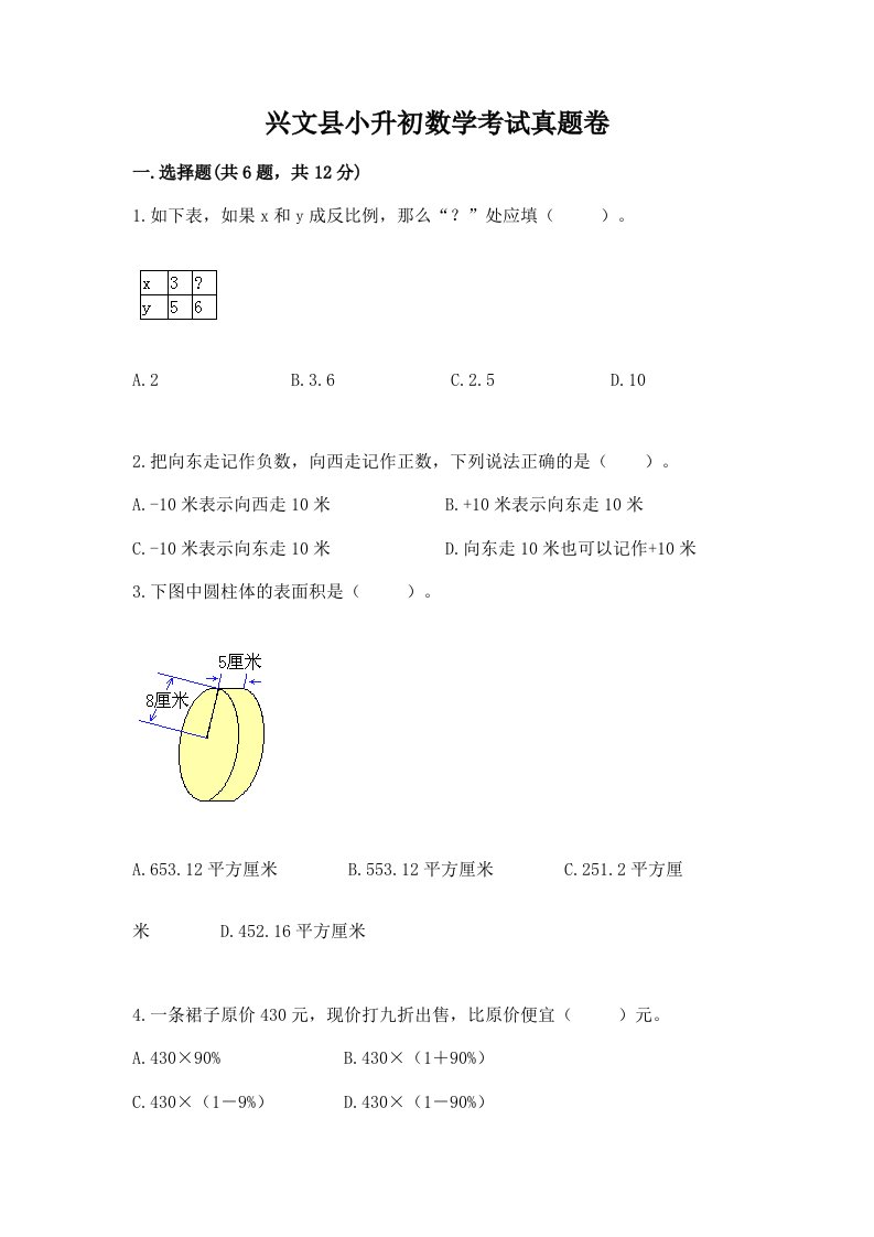 兴文县小升初数学考试真题卷新版