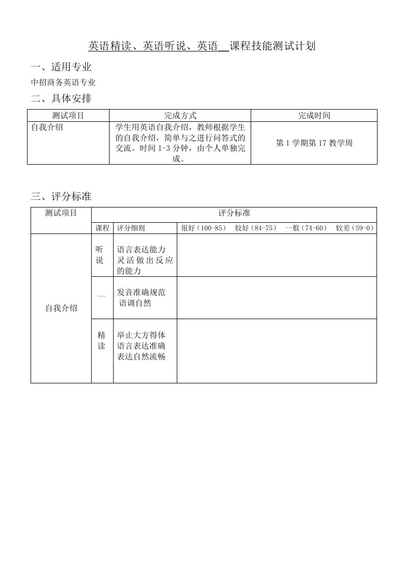 中招商务英语专业技能测试计划