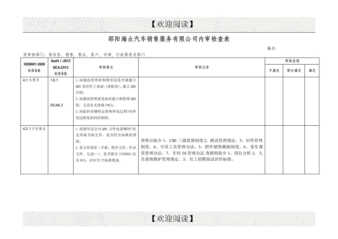 海众汽车销售服务公司内审检查表汇编