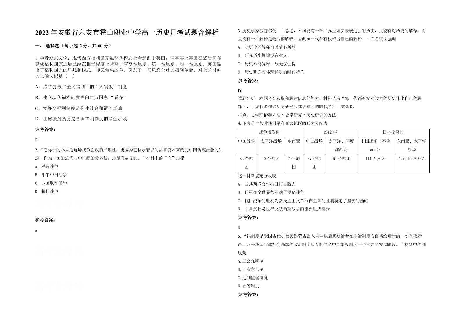 2022年安徽省六安市霍山职业中学高一历史月考试题含解析