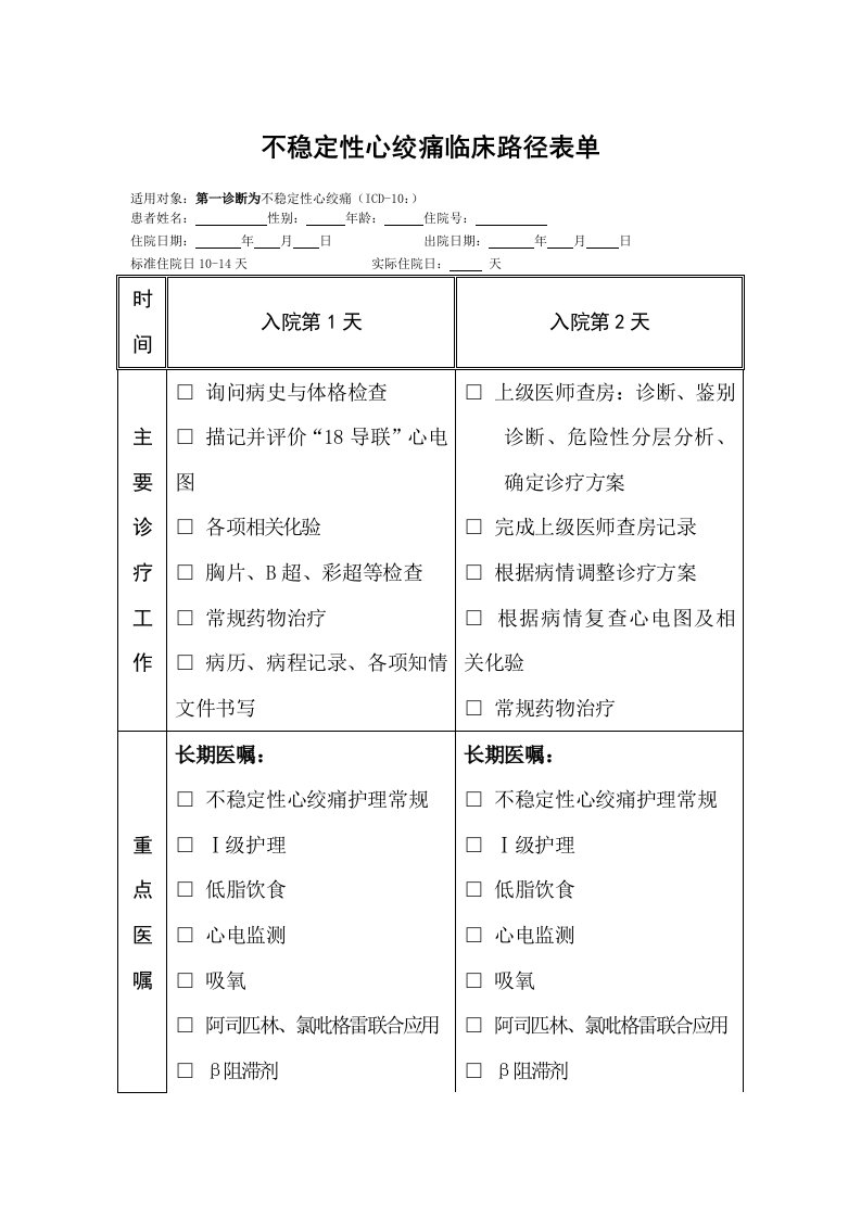 不稳定性心绞痛临床路径表单