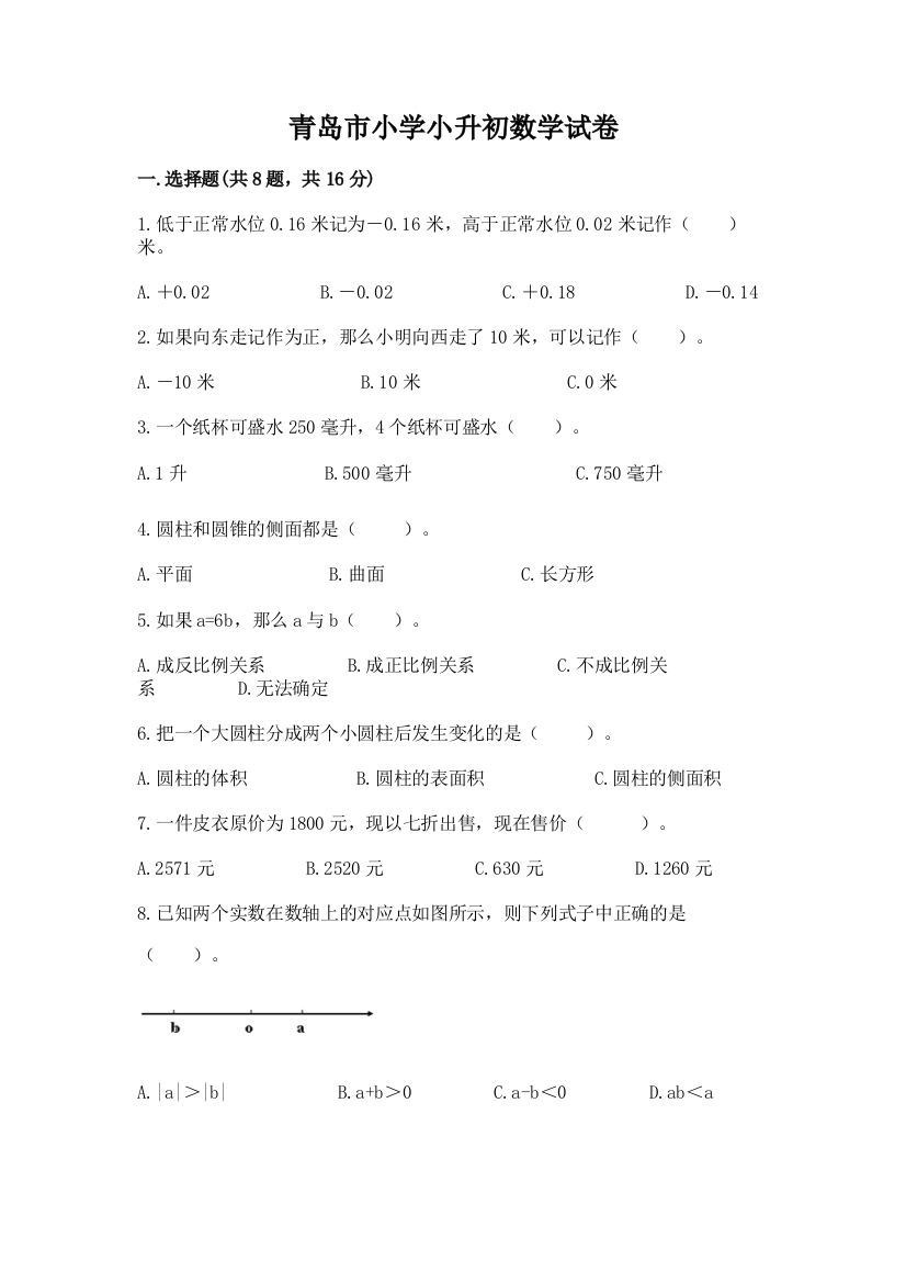 青岛市小学小升初数学试卷各版本