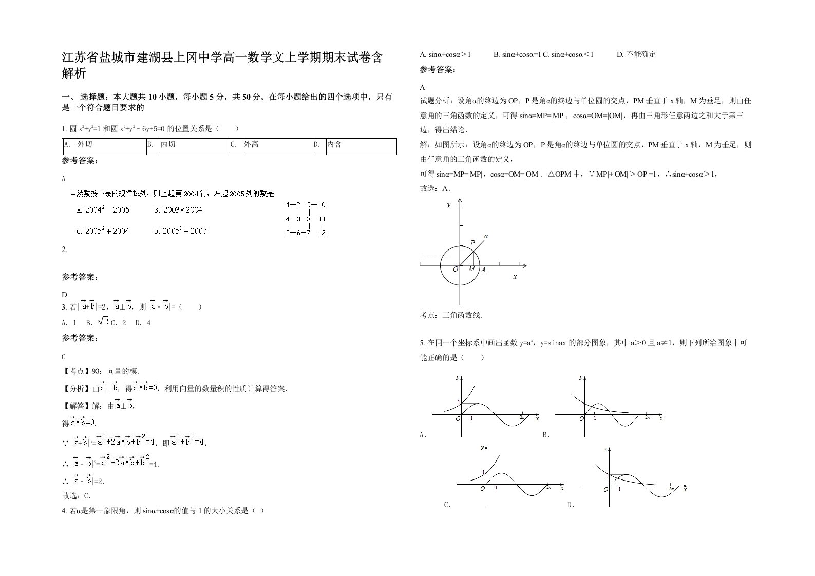 江苏省盐城市建湖县上冈中学高一数学文上学期期末试卷含解析