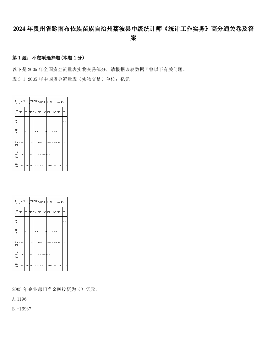 2024年贵州省黔南布依族苗族自治州荔波县中级统计师《统计工作实务》高分通关卷及答案