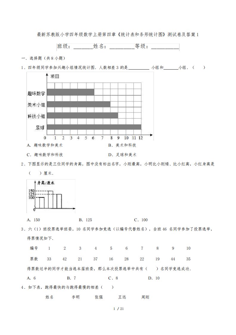 最新苏教版小学四年级数学上册第四章《统计表和条形统计图》测试卷及答案1