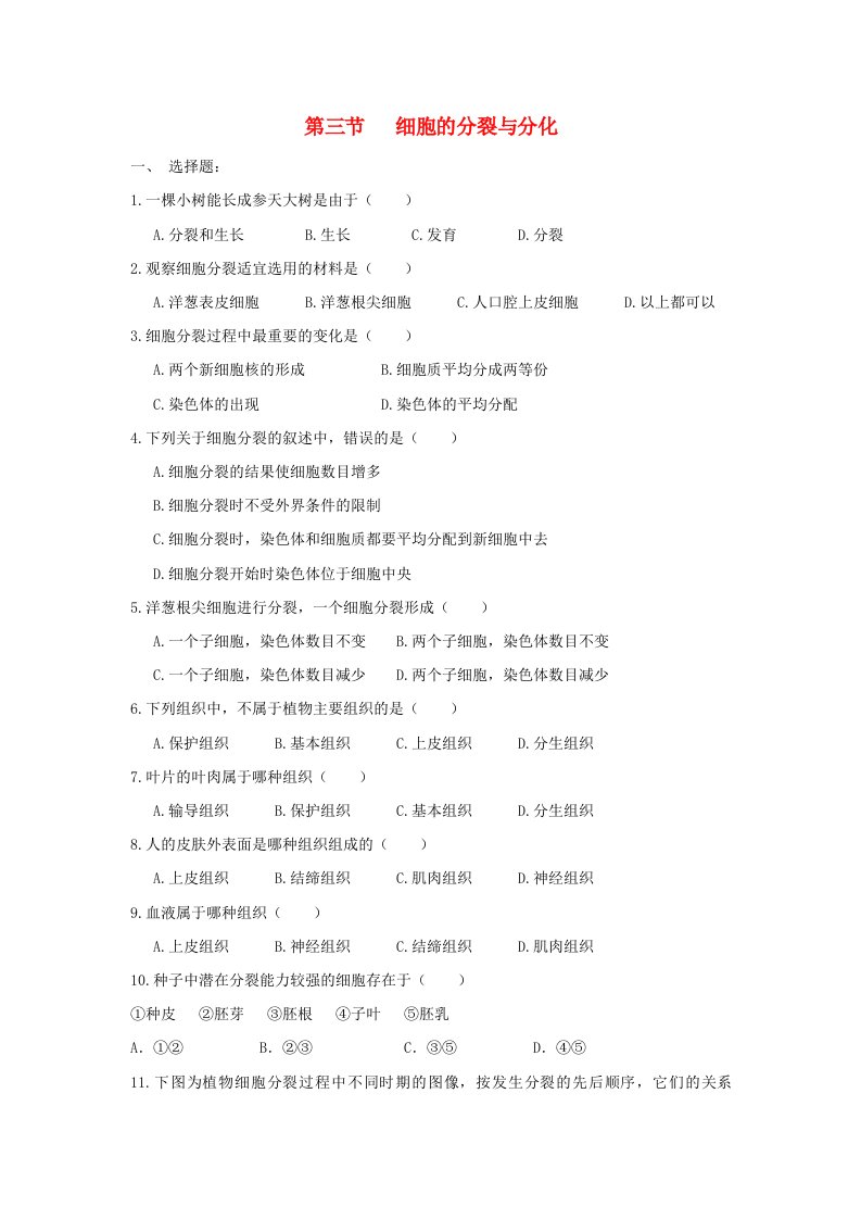 江苏省七年级生物上册2.4.3细胞的分裂与分化课时训练无答案新版苏教版