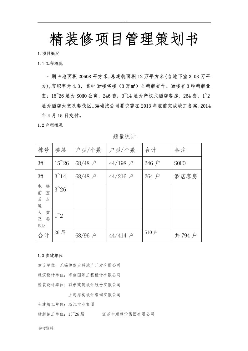 精装修项目管理项目策划书