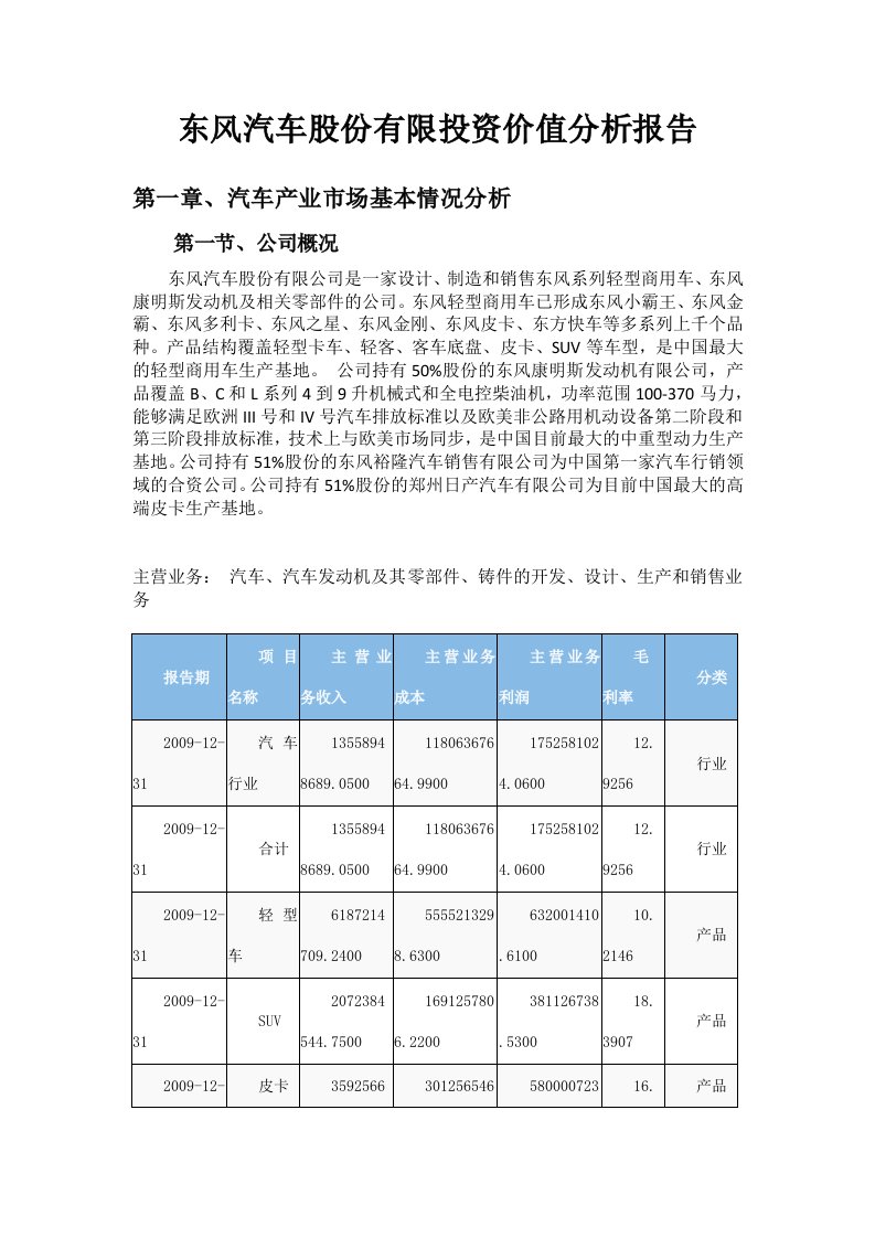 东风汽车股份有限投资价值分析报告