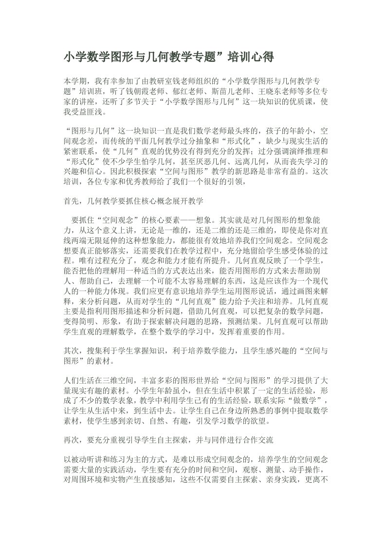 小学数学图形与几何教学专题”培训心得