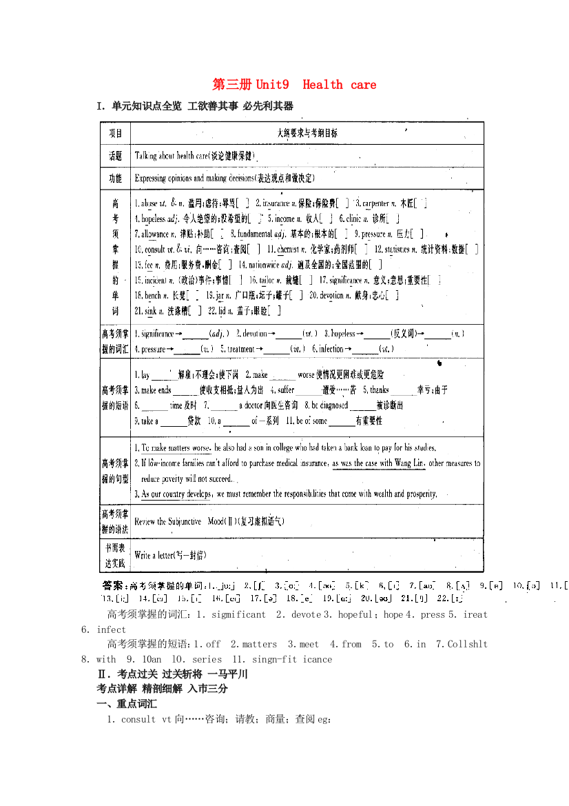 （整理版高中英语）第三册Unit9Healthcare