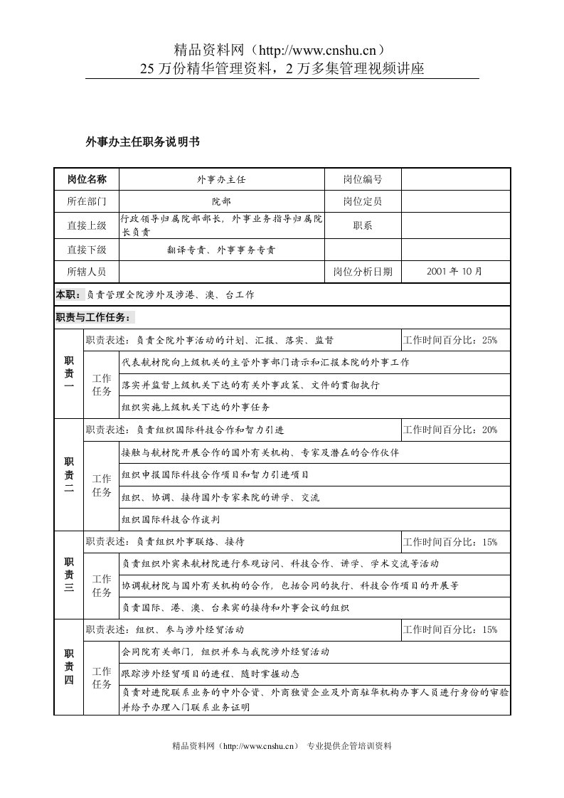 航材院外事办主任职务说明书