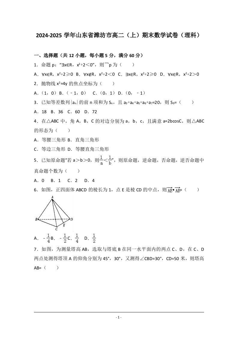 山东省潍坊市2024-2025学年高二上学期期末数学试卷(理科)-Word版含解析