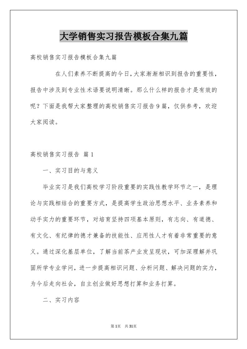 大学销售实习报告模板合集九篇