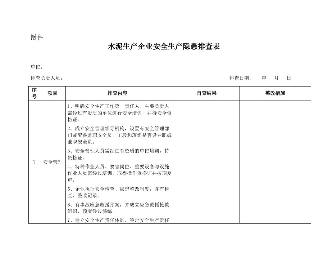 水泥生产企业安全生产隐患排查表