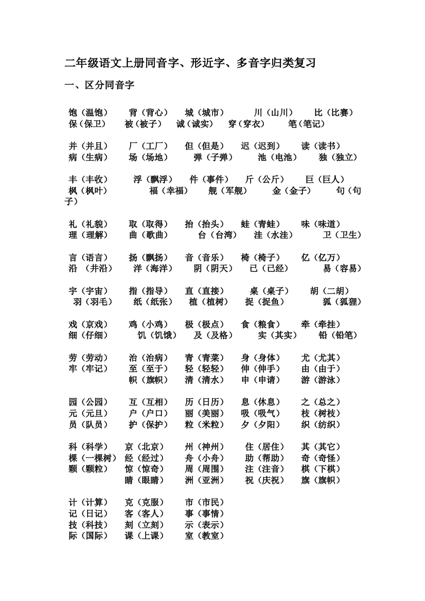 【小学精品】二年级语文上册同音字、形近字、多音字归类复