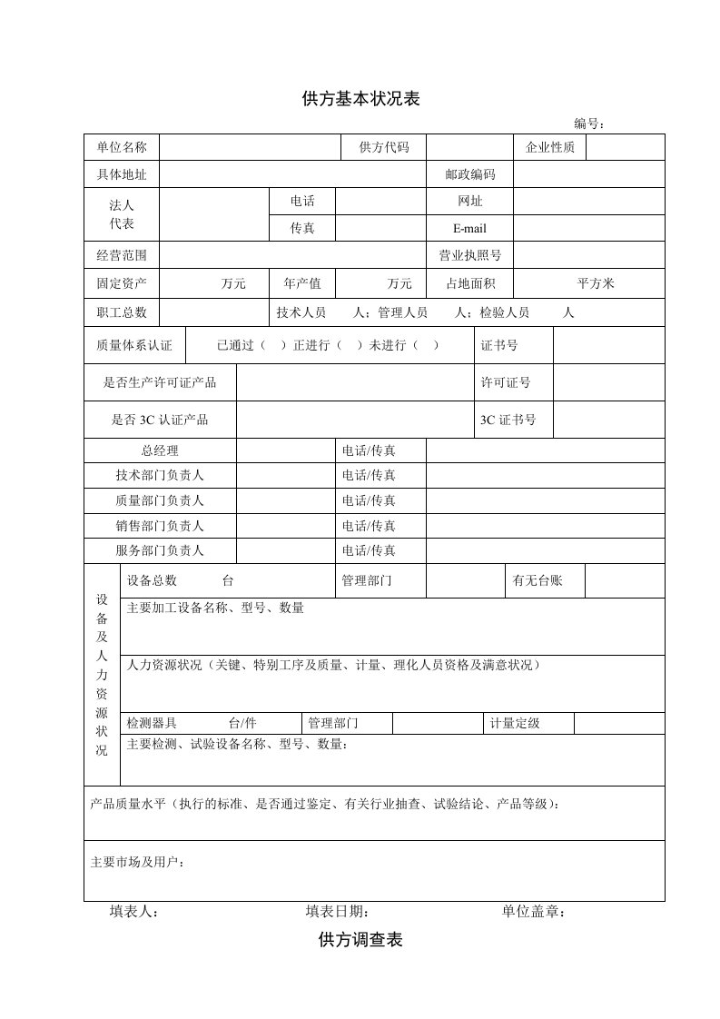 供方基本情况调查表(样表)