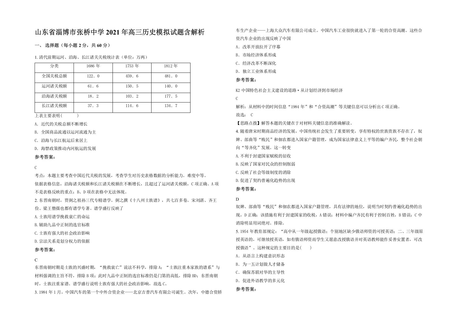 山东省淄博市张桥中学2021年高三历史模拟试题含解析