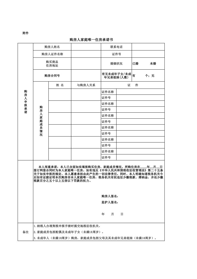 购房人家庭唯一住房承诺书