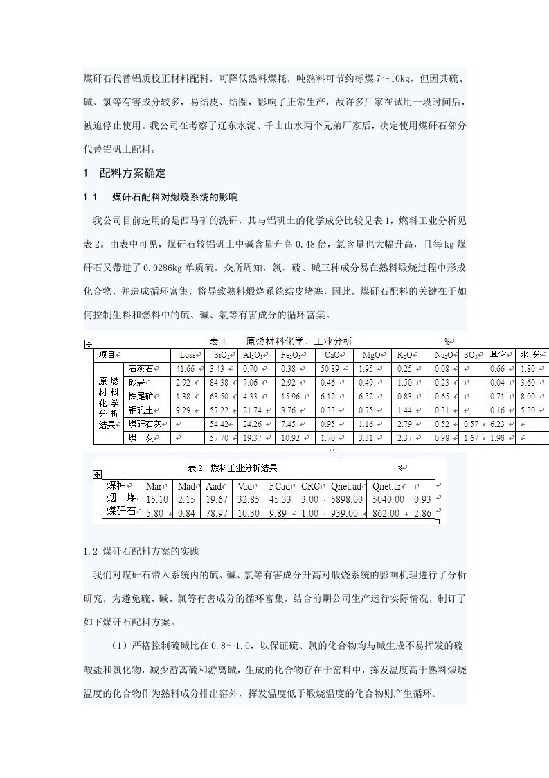 煤矸石代替铝质校正材料配料