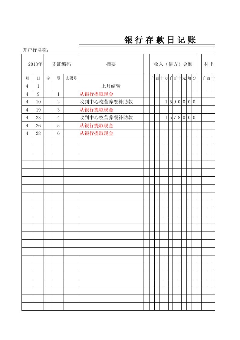 银行存款日记账模板