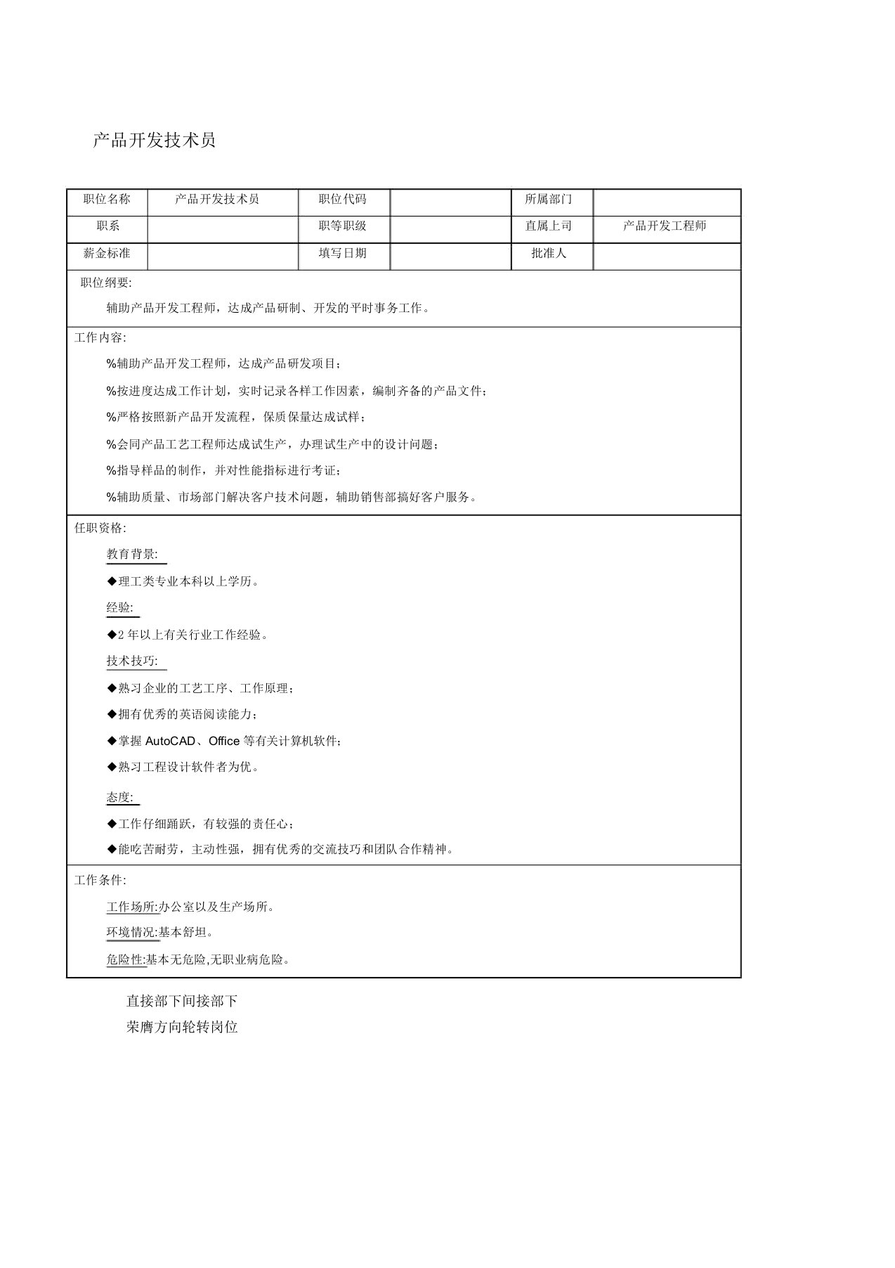 产品开发技术员职位说明书