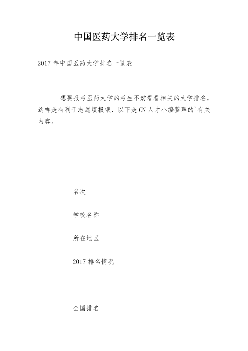 中国医药大学排名一览表