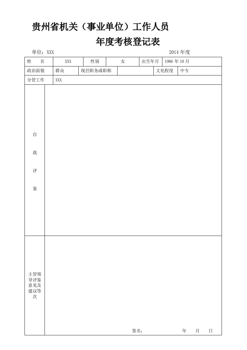 2014年度工作人员年度考核表1