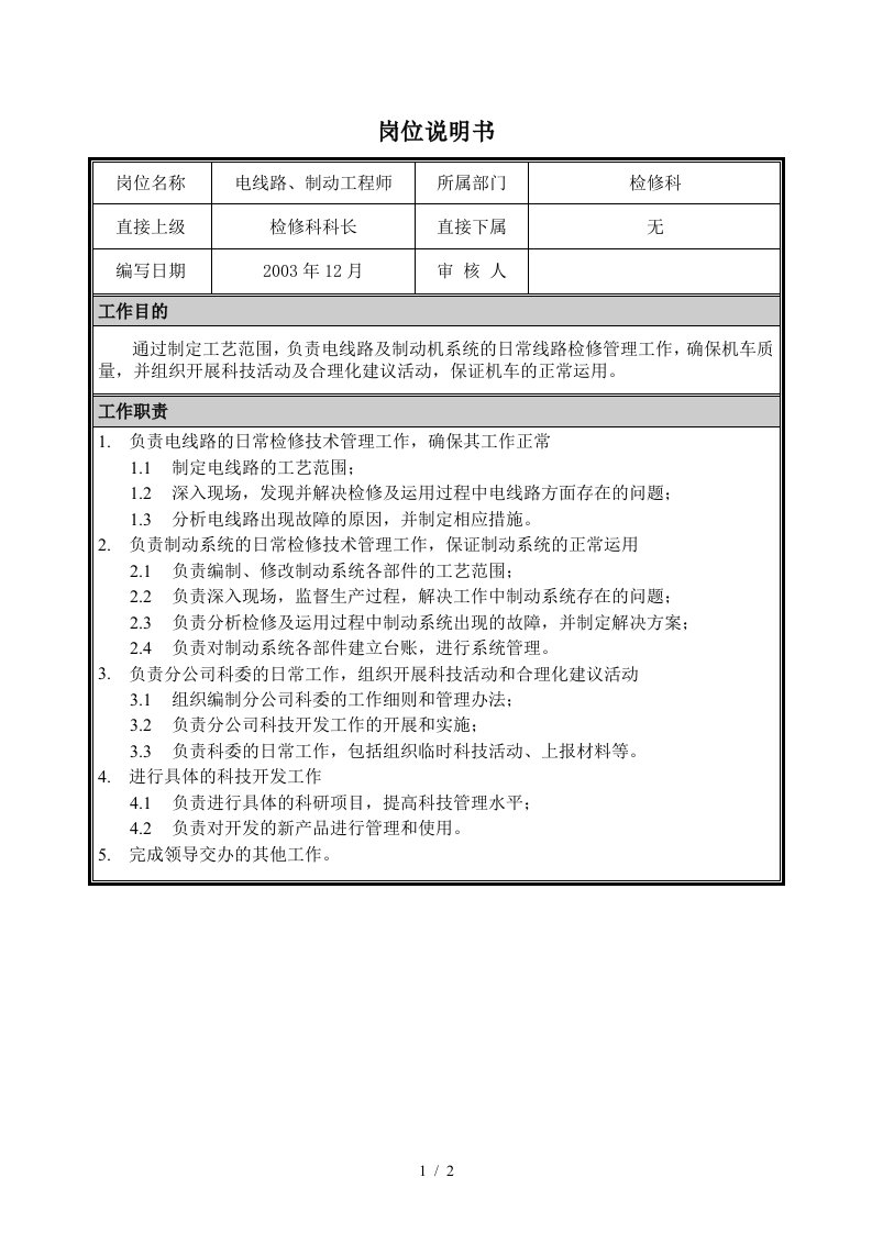 朴智—神华朔黄铁路公司—03岗位说明书电线路、制动工程师