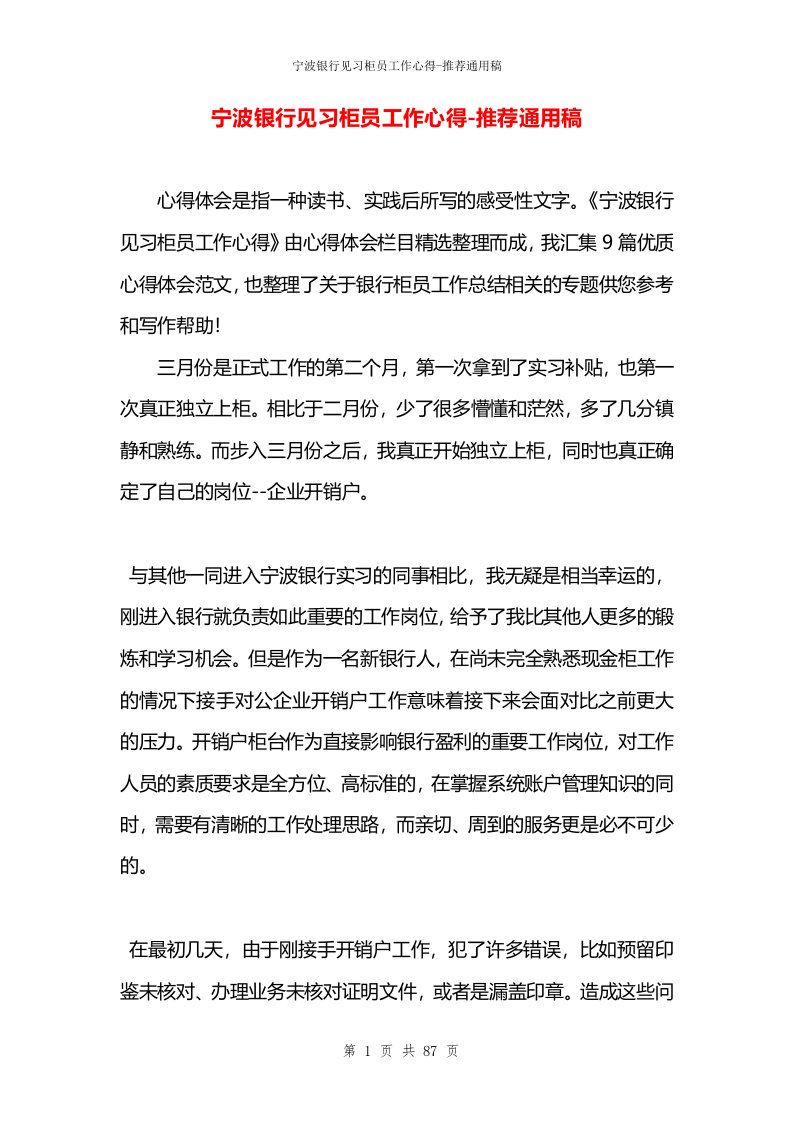 宁波银行见习柜员工作心得