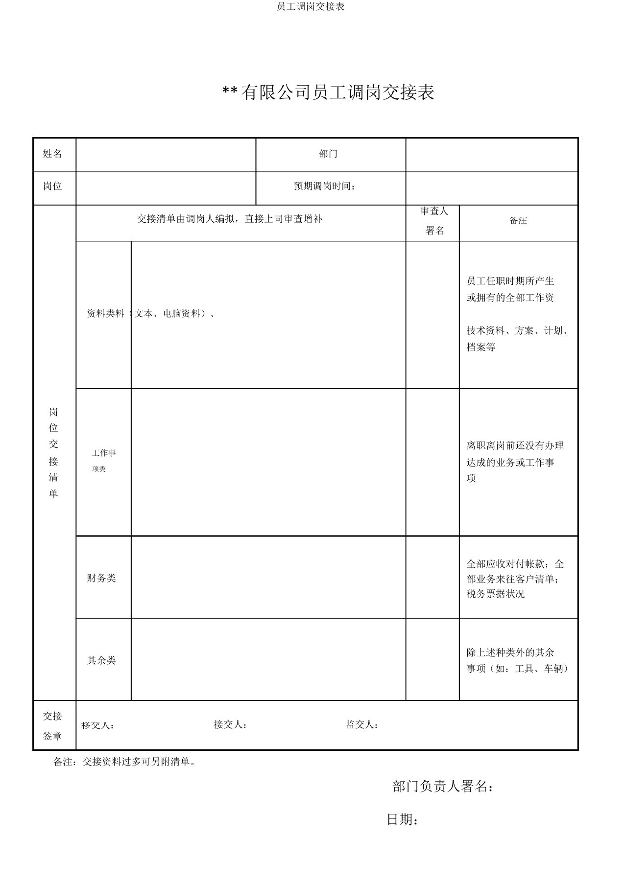 员工调岗交接表