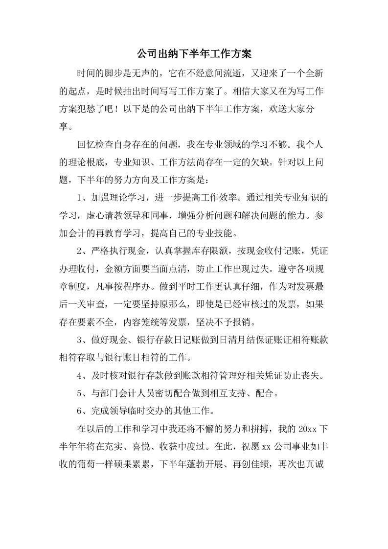 公司出纳下半年工作计划