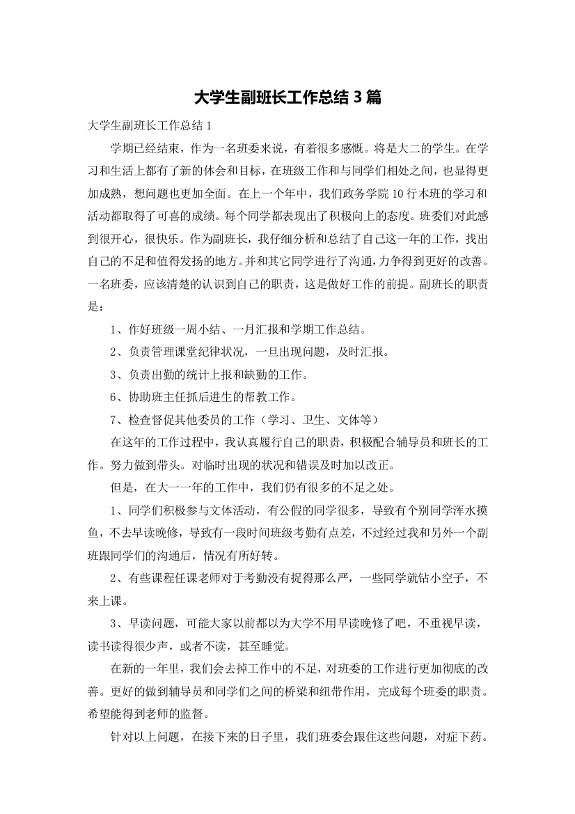 大学生副班长工作总结3篇