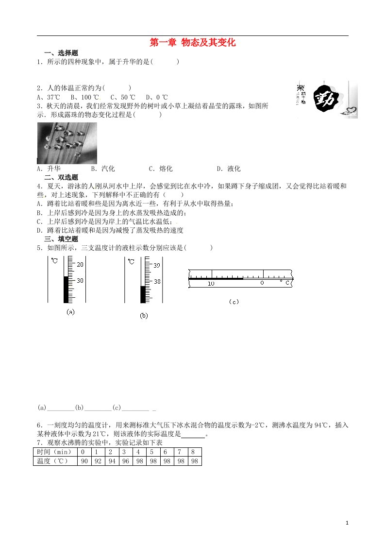 辽宁省凌海市石山初级中学八级物理上册寒假作业