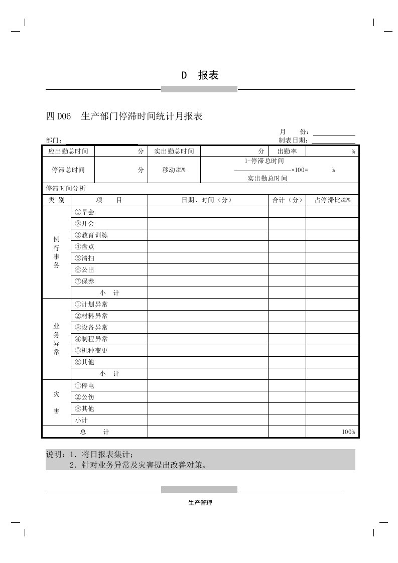 D06生产部门停滞时间统计月报表-生产制度表格