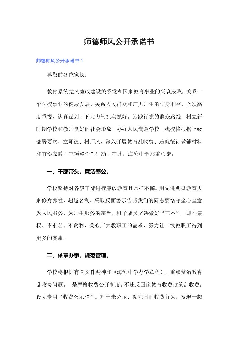 师德师风公开承诺书