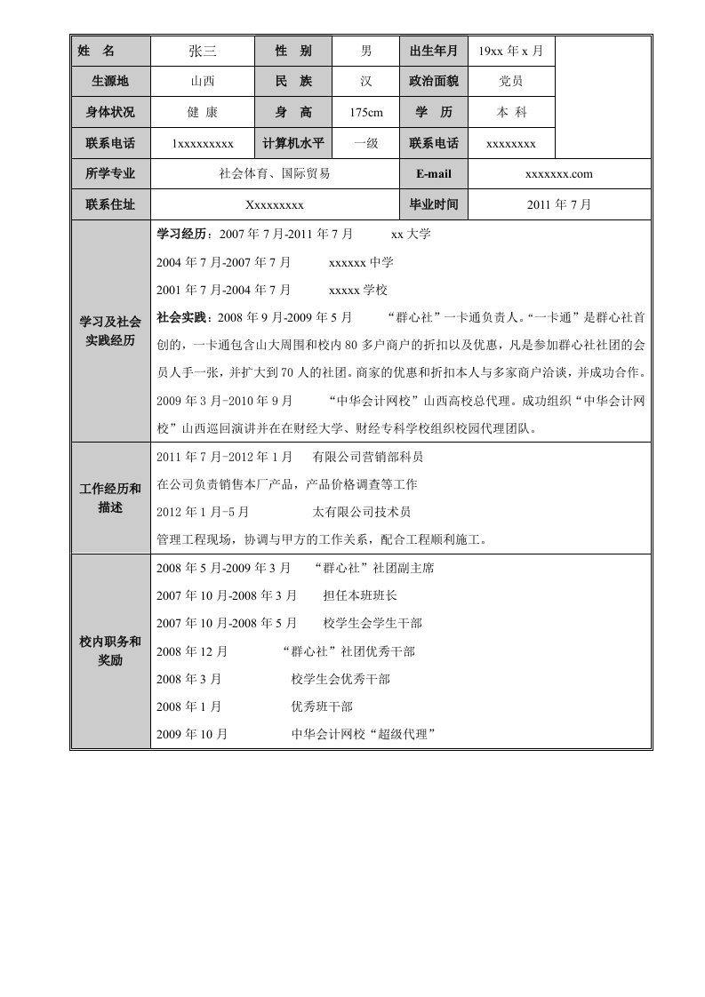 山西大学求职简历模板