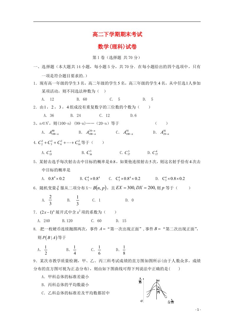 福建省晋江市平山中学高二数学下学期期末考试试题