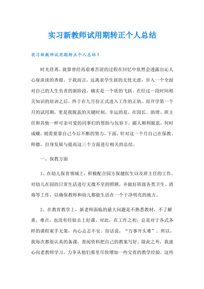 实习新教师试用期转正个人总结